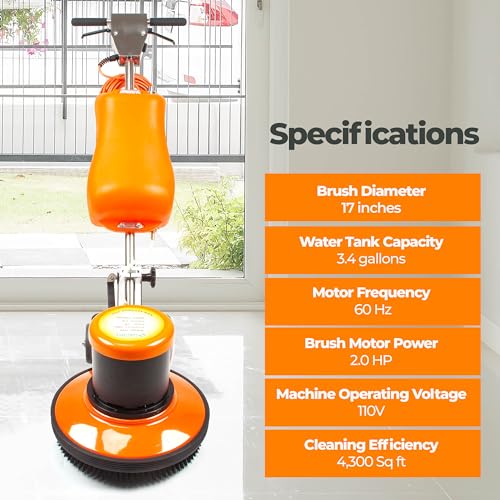 17-Inch Commercial Floor Buffer and Scrubber Machine, 2.0 HP, 3.4-Gal Tank