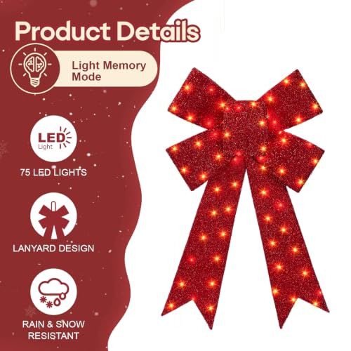MARACOL 30 Inch Lighted Christmas Bow - Pre-lit Outdoor Holiday Decor with 75 LEDs & 8 Modes - Waterproof & Easy Hang, Red Christmas Bow (BOW Variant)