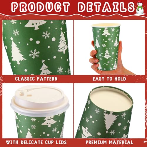 16 oz Christmas Disposable Coffee Cups with Lids – 100 Pack by Zhehao