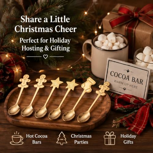 Lasnten Christmas Hot Chocolate Spoons Set - Classic / Gold Stainless Steel 12 Pack