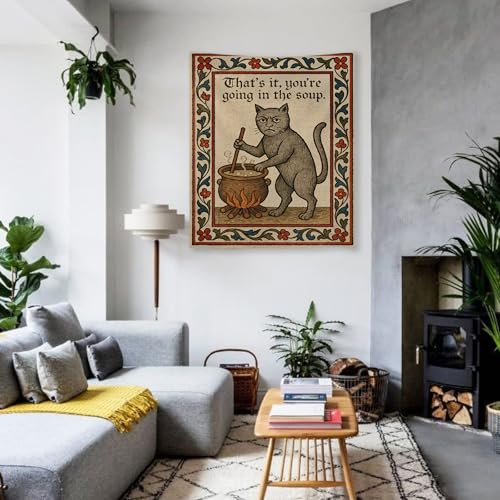 Weird Medieval Cat Tapestry - Vintage Aesthetic Wall Hanging (40 x 60")