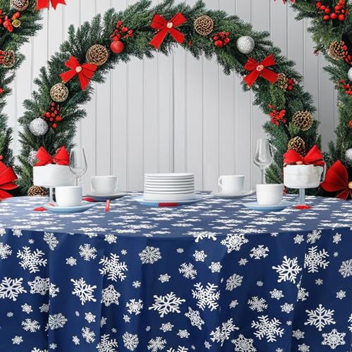 Blue Snowflake Round Tablecloths 84 Inch | 10 Pack Disposable Waterproof Plastic