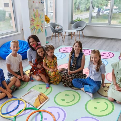 Pastel Smiley Face Classroom Rug, 8x10 ft Educational Play Carpet