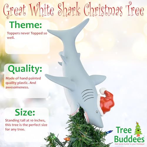Great White Shark Christmas Tree Topper - 10-Inch Santa Shark Holiday Decor