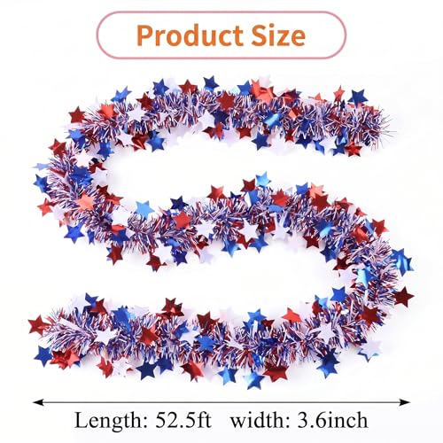 Patriotic Red White Blue Tinsel Garland with Stars - 52.5ft 4th of July Decor
