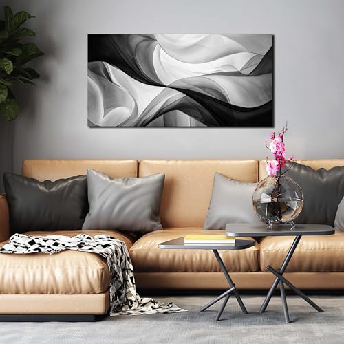 Abstract Minimalist Curve Line Canvas Wall Art, Black and White, 40x20 Inch