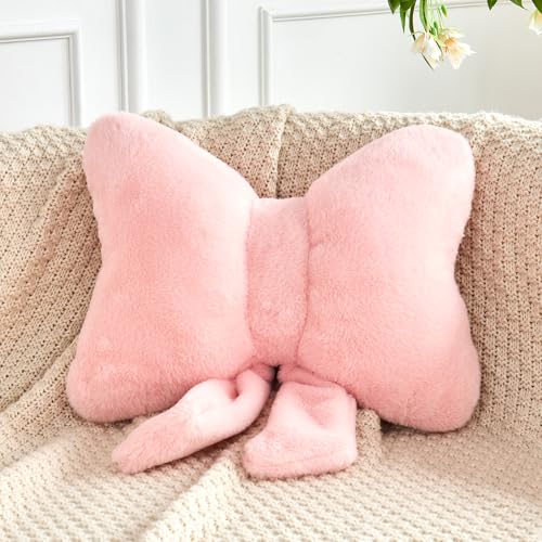 Pink Bow Throw Pillow, Soft Faux Rabbit Fur Decorative Bow Shaped Cushion