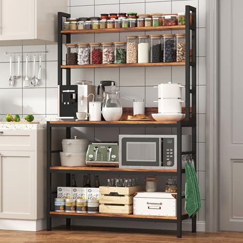 5-Tier Industrial Bakers Rack with Storage Shelves and Hooks