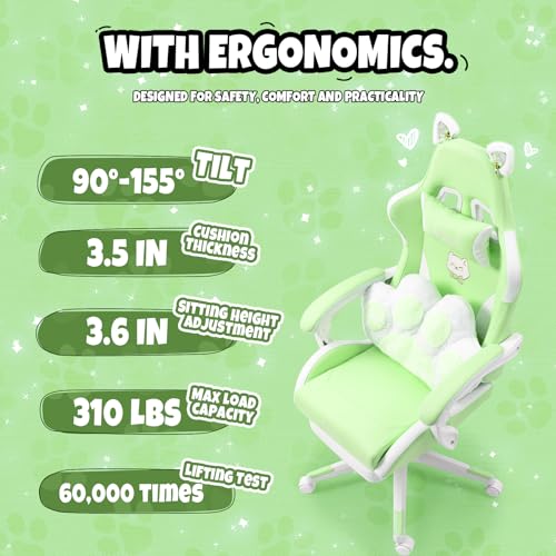 Ergonomic Cat Ear Gaming Chair with Footrest and Lumbar Support - Green