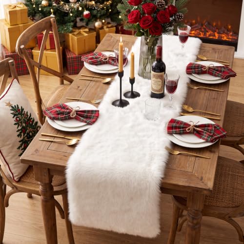 MAOFENG Faux Fur Table Runner 59.1in White Luxury Christmas Home Decor
