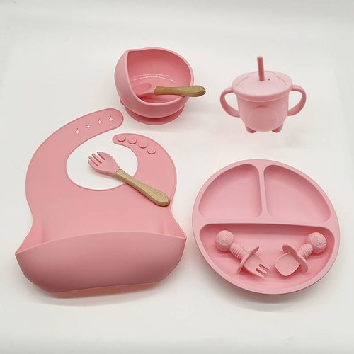 Baby Led Weaning 9 Piece Feeding Eating Supplies | Strong Suction Plate Silicone Cup Snack Lid Drink Lid withStraw Silicone Suction Bowl Bib Spoons Forks Baby Tableware Set 6MonthsToddler (Pink)