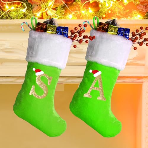 20-Inch Monogram Green Velvet Christmas Stocking with White Plush Cuff