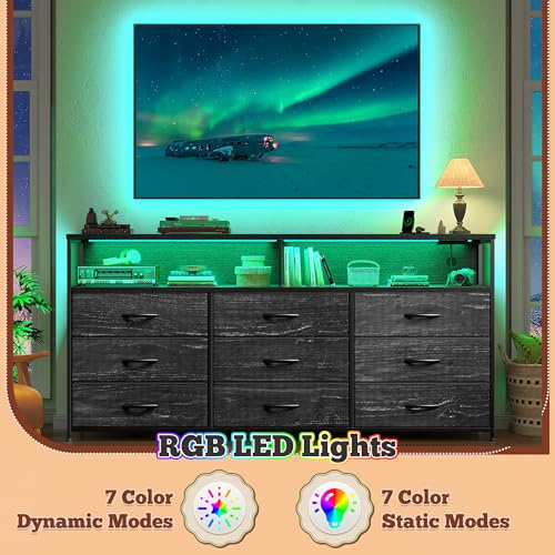 55-Inch 9-Drawer Bedroom Dresser with LED Lights, Power Outlets & TV Stand