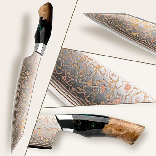 SHAN ZU 8-Inch Damascus Chef Knife Japanese Kitchen Knife - Gold Pattern, Hand Forged