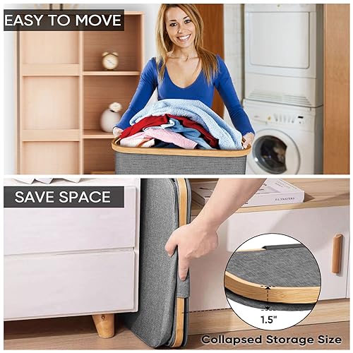 Large Laundry Hamper with Lid and Bamboo Handles, 100L Tall Laundry Basket