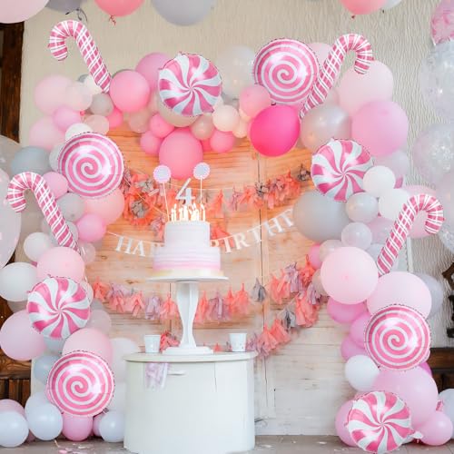 NOVWANG 24 Pcs Christmas Candy Foil Balloons - 18in Pink White Candy Theme