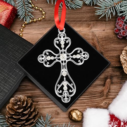 COCHIE Silver Christian Cross Ornament with Gift Box Christmas Religious Decorations
