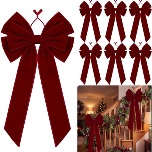 6 Pack Burgundy Velvet Christmas Bow Set 15x31 Inches for Holiday Decor