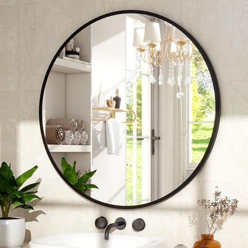 30-Inch Round Wall Mirror, Matte Black Aluminum Frame Vanity Mirror