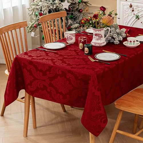 Romanstile 60x84 Inch Waterproof Jacquard Christmas Tablecloth with Red Flowers – Damask Holiday Dinner Cover