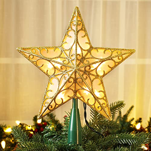 Gold Lighted Christmas Tree Topper - 9.5" 3D Dual-Sided Star with 10 Lights