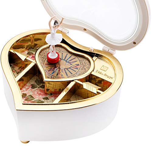 Heart-Shaped Ballerina Music Box with Rotating Figurine and Jewelry Storage