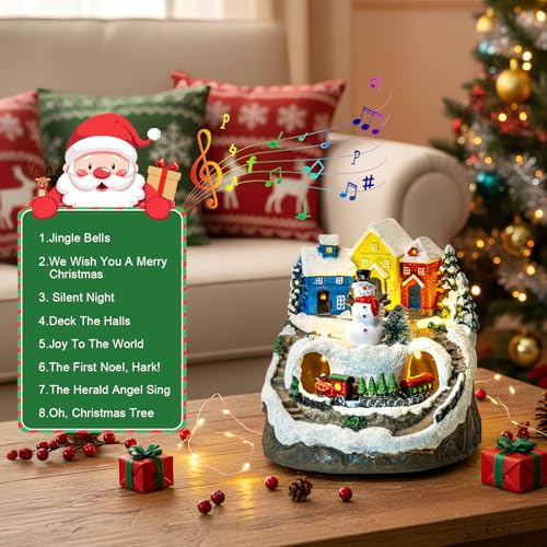 Animated Musical Christmas Village Decor with Rotating Train & LED Lights