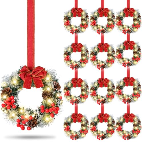 Yuxung 12-Pack Mini Christmas Wreaths with Lights, Red - Holiday Decor