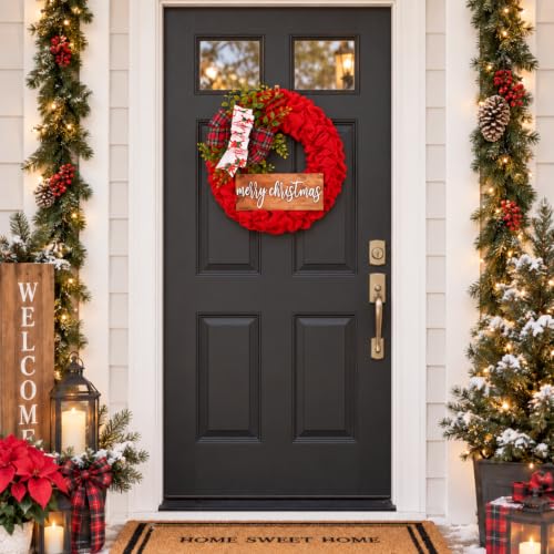 16-Inch Rustic Christmas Wreath for Front Door with Burlap & Wooden Sign