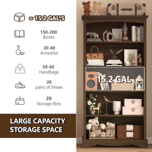 5-Tier Arched Wooden Bookshelf, 65-Inch Tall Modern Display Bookcase