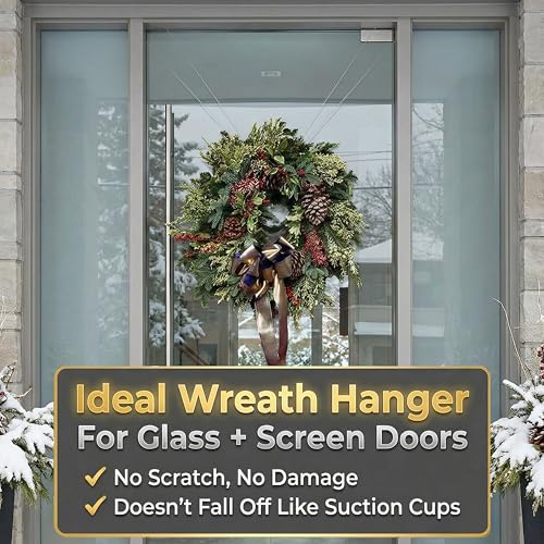 Damage-Free Adjustable Wreath Hanger for Glass, Screen & Front Doors - White