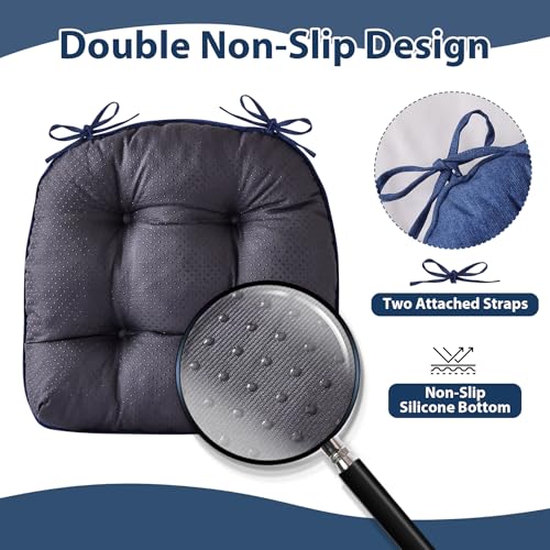 Tufted Dining Chair Cushions, 15.5-inch Non-Slip Seat Pads, Set of 4, Navy