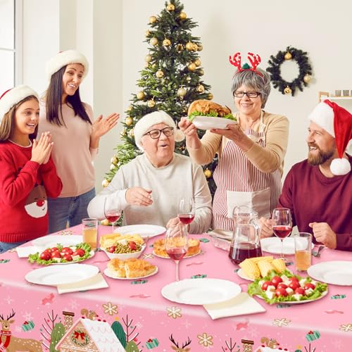 3 Pack Pink Christmas Plastic Tablecloths with Gingerbread Reindeer 54x108 Inch