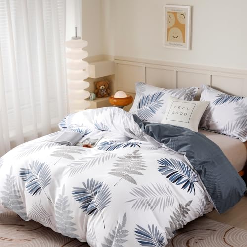 100% Cotton King Duvet Cover Set - 3-Piece Blue Leaf Bedding with Zipper & Ties