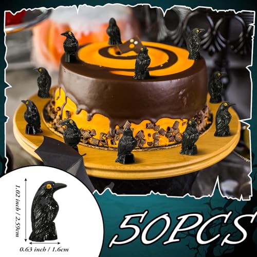 50 Pcs Halloween Miniature Crow Figurines - Black Resin Tiny Raven Decor
