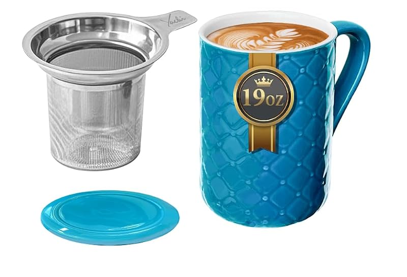 Yachi Blue 19oz Ceramic Coffee Mug with Infuser & Lid – Microwave & Dishwasher Safe Tea Cup