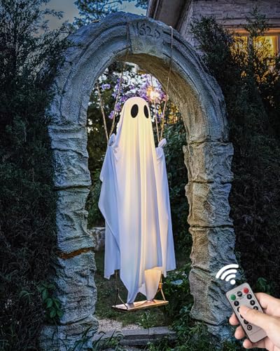 Outdoor Hanging Swing Ghost Halloween Decor with Remote LED Lights