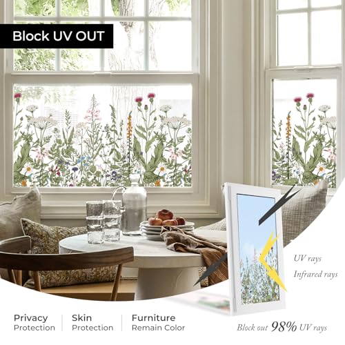 Stained Glass Window Film - Colorful Wildflower Design, 17.5 x 78.7 in, Removable DIY Static Clings