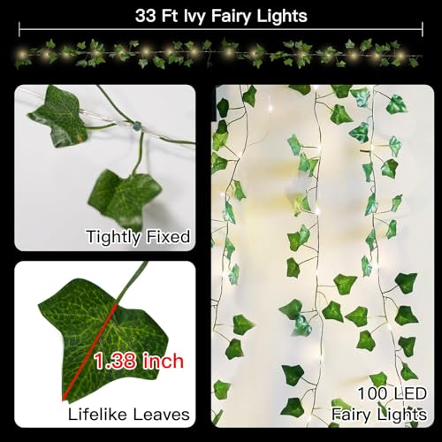 Suddus 33FT 100LED Ivy Vine Fairy Lights Battery Operated with Remote