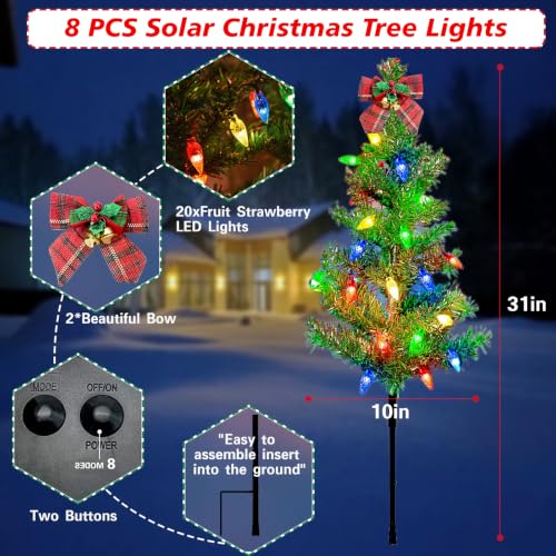 LSHXINXX 8 Pack Outdoor Solar Christmas Tree Lights with Bows, 160 LED Multi-Color Modes