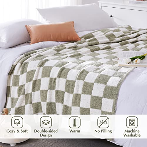 Soft Checkered Throw Blanket - Cozy Sage Green Knitted Couch Blanket (50x70)
