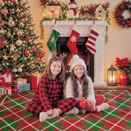 Terrug Christmas Red & Green Plaid 2' x 6' Runner Rug with Non-Slip Backing