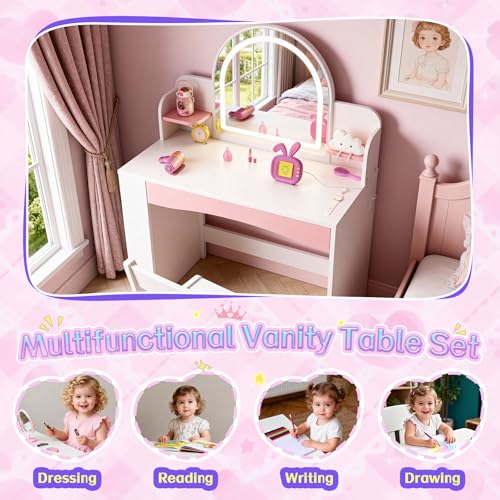 Kids Vanity Table and Chair Set with 3-Mode LED Lighted Mirror and Storage