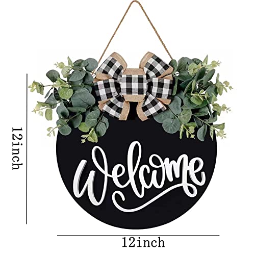 Rustic Welcome Sign for Front Door, 12-Inch Round Wooden Farmhouse Wreath
