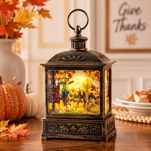 Fall Harvest Snow Globe Lantern with LED Glitter and Timer