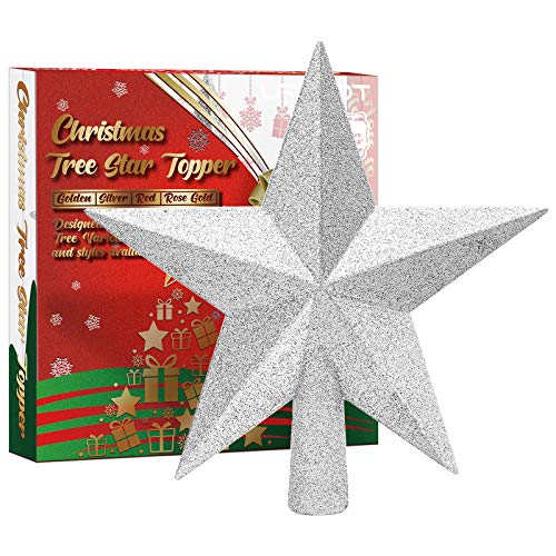 URATOT 6 Inch Silver Glittered Christmas Star Tree Topper Decorative Holiday Ornament