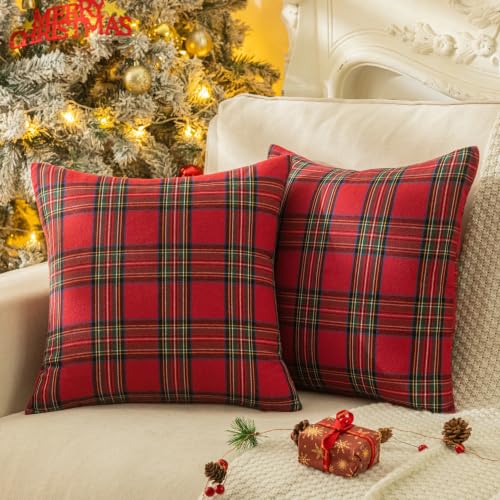AQOTHES Christmas Plaid Throw Pillow Covers Set of 2 18x18 Inches Red & Green