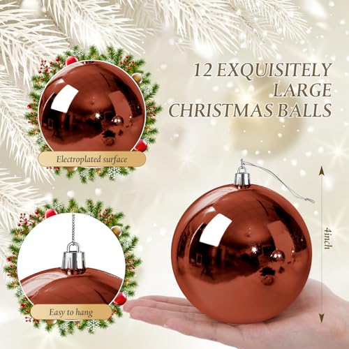 Jenaai 12 Pcs Large 4-Inch Brown Christmas Ball Ornaments – Matte, Glossy, Pearly Lustre & Glitter