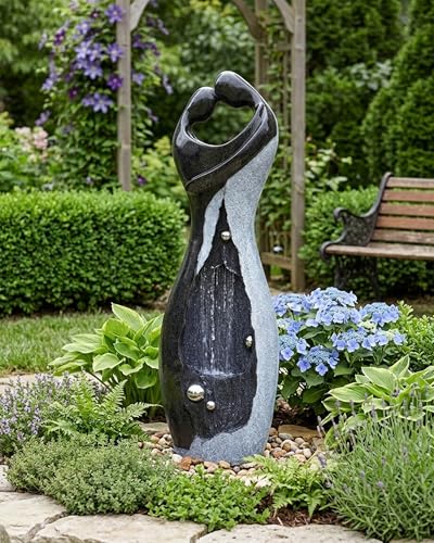 47" Floor Standing Water Fountain with LED Lights, Zen Faux Stone Waterfall