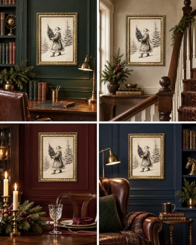 A-Tree Framed Santa Claus Canvas Wall Art 12x16 Inches - Vintage Gold Frame